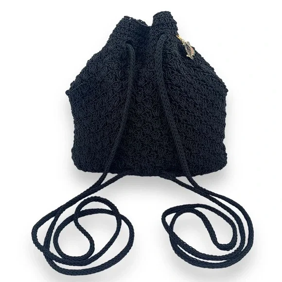 Vintage 90's FRANKIE AND JOHNNIE black woven macrame mini slouch backpack - Picture 2 of 11